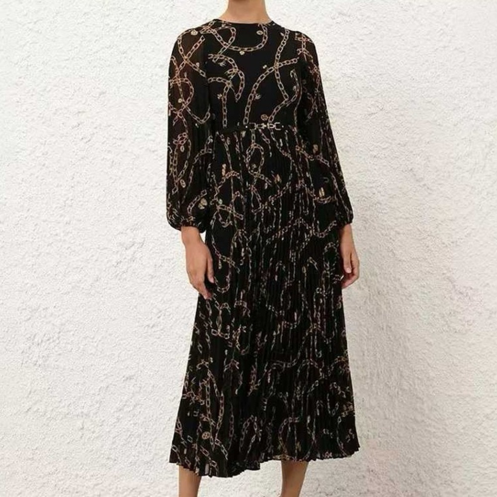 Zimmermann Black Chain-Print Long Sleeve Midi Dress